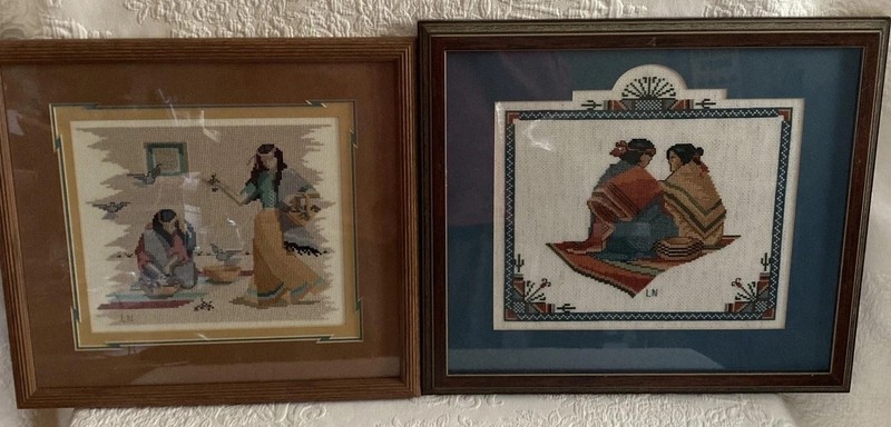 Vintage LN Native American Couple Cross Stitch Tapestry Set 2 Framed Multicolor