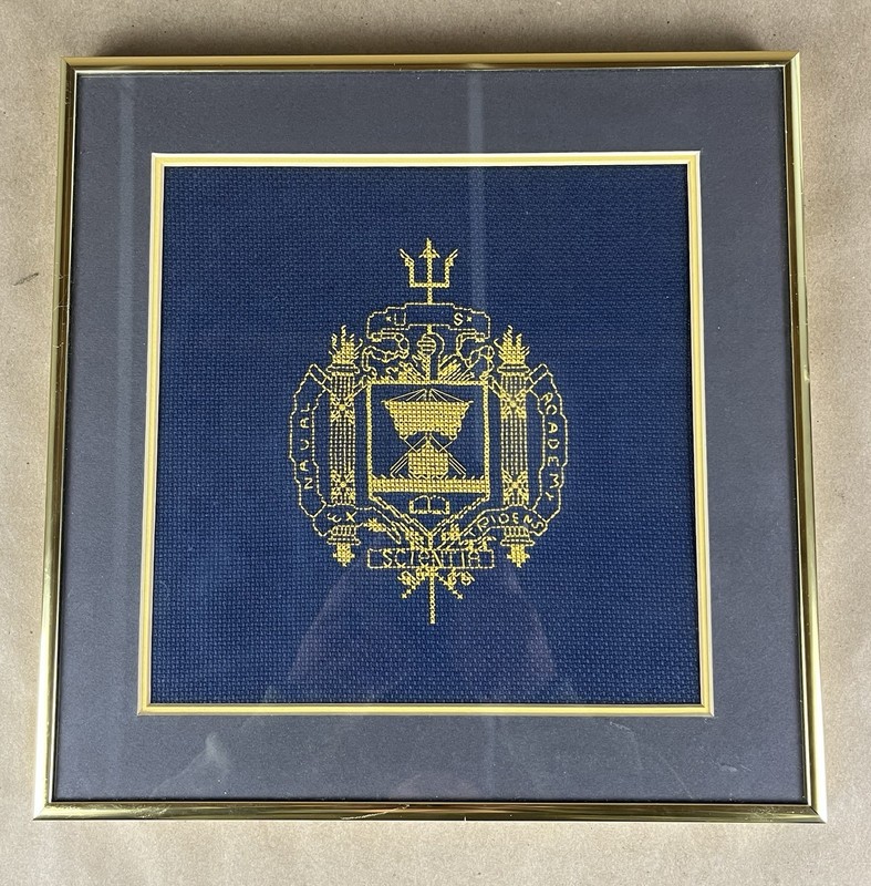 Vintage Framed Needlework US Naval Academy Emblem Gold Frame 12”x12”
