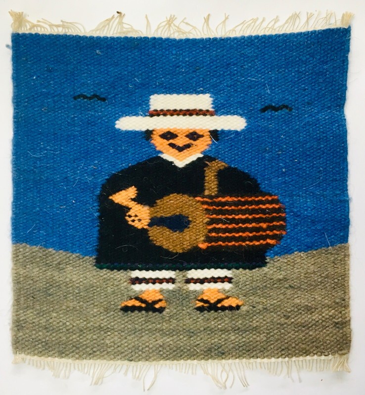 Vintage Small Miniature Mexican Loom Weaving Blanket Drummer Sombrero Poncho