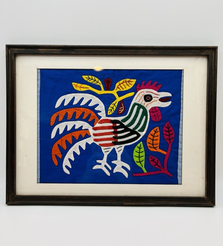 Vintage Mola Rooster Folk Art Reverse Appliqué, Hand-Stitched Framed Textile