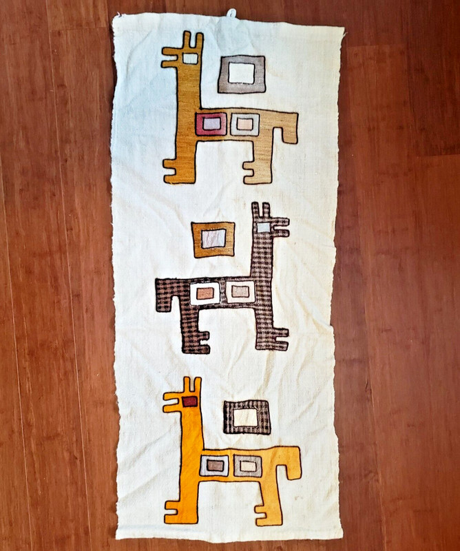 Vtg Woven Tapestry Tribal Folk Art Wall Hanging Alpaca Llama Applique 46 inch