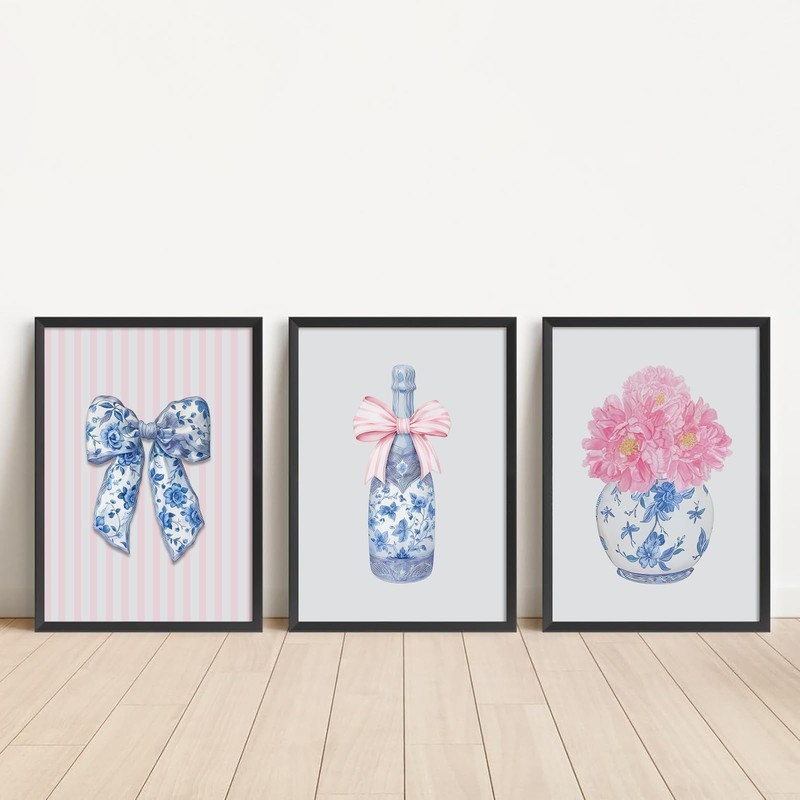 Set of 3 Framed Blue Pink White Chinoiserie Flower Canvas Wall Art Prints Set...