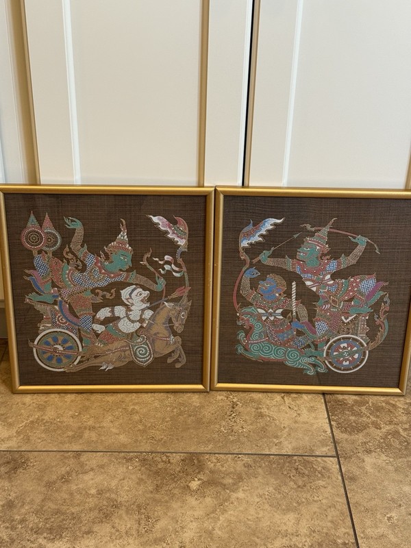 Vintage Thai Silk Ramakien Framed Textile Art Pair Monkey Warrior Chariot Asian