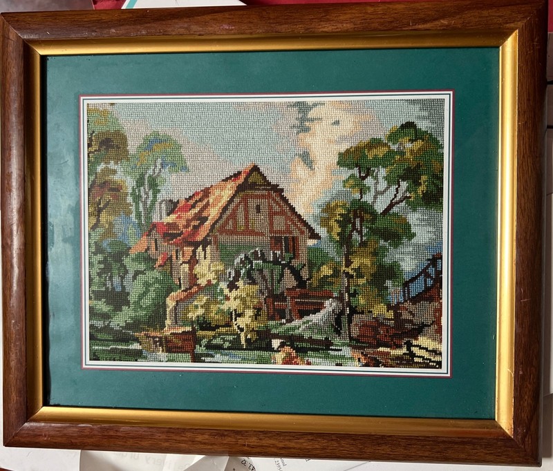 Embroidered Picture Framed Vintage Wall Art 11.5” X 9.5” Colourful Homestead
