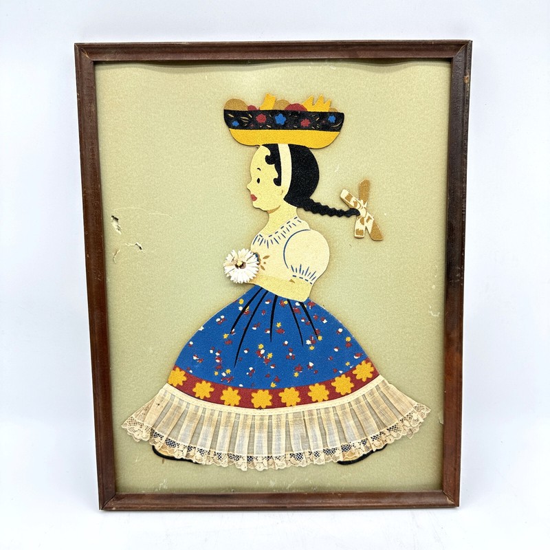 Vintage 1946 Felt Fabric/Textile Art «Girl Carrying Basket On Head» Wood Framed