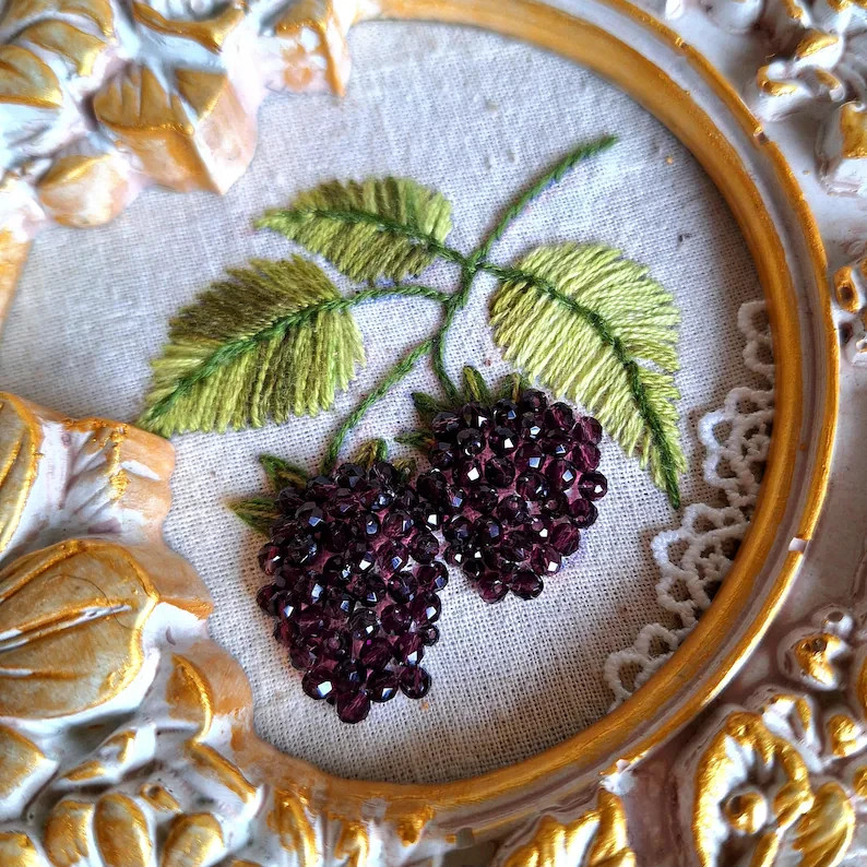 3D Blackberry Embroidery Art – Beaded Berry Wall Decor - Vintage Relief Frame gallery
