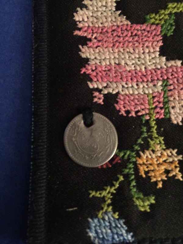 RARE old Authentic Bedouin Embroidery w/ANTIQUE coin Black Wall Hangin/ Israel gallery