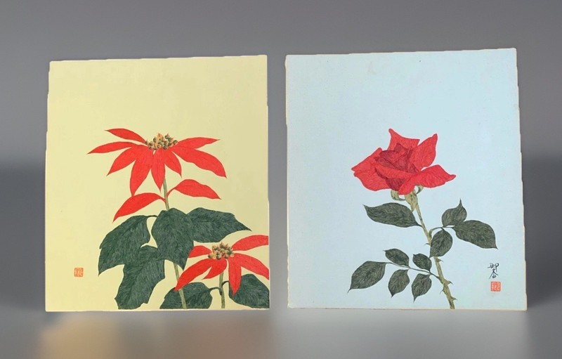 Torn Paper Art Signed Japanese Handmade Chigiri-e Camellia 1960s Floral Rare!