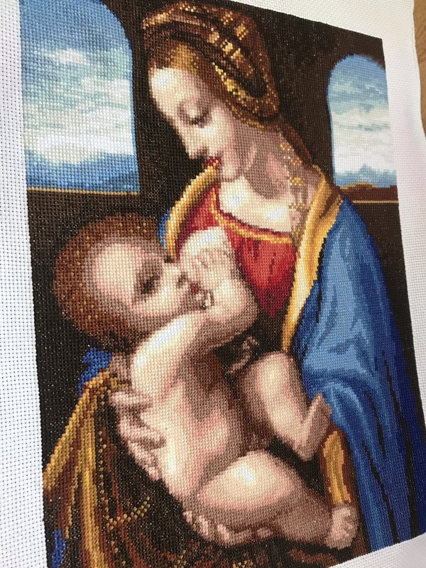Cross stitch completed Hand made Art Madonna Religious gift Home decor gallery