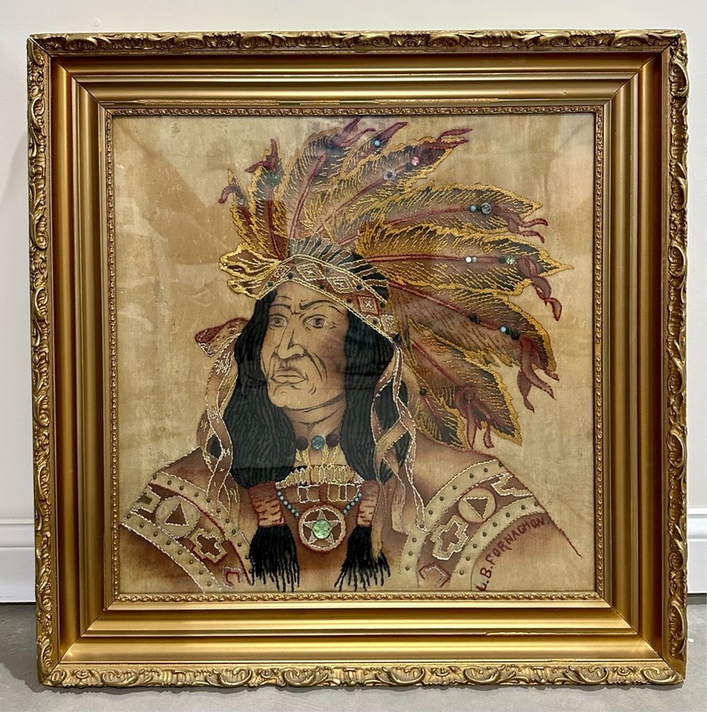 Unique Vintage Original Handmade Art: «Indian Chief» Framed Tapestry circa 1900