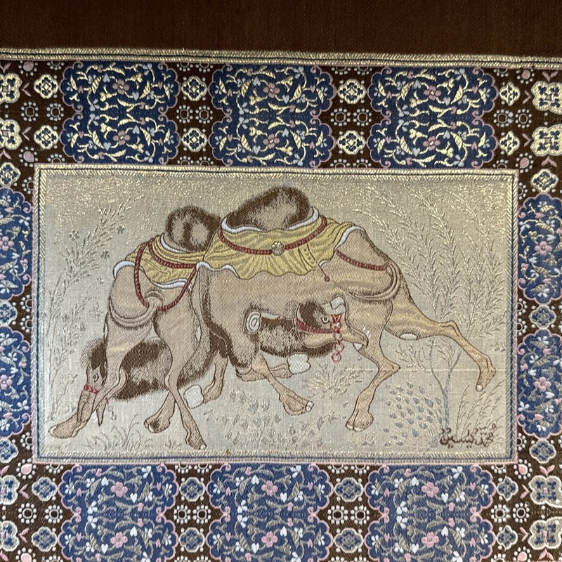 Signed Vintage Silk “Two Camels Fighting “ Persian Tapestry Needle Point Indian gallery