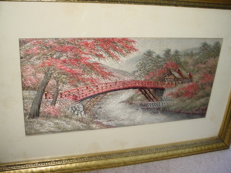 VINTAGE FRAMED JAPANESE SILK EMBROIDERED PICTURE BRIDGE RIVER AND LODGE gallery