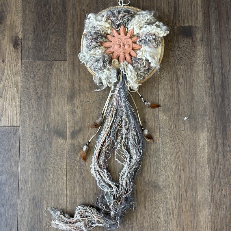 VTG Woven Fiber Art Sun Face Dream Catcher Wall Hanging Handmade 12” OOAK