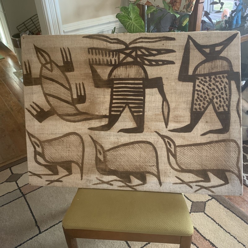 Mid-century African Art Mud Cloth Large Textile Wall Hanging Paintings 36×26”