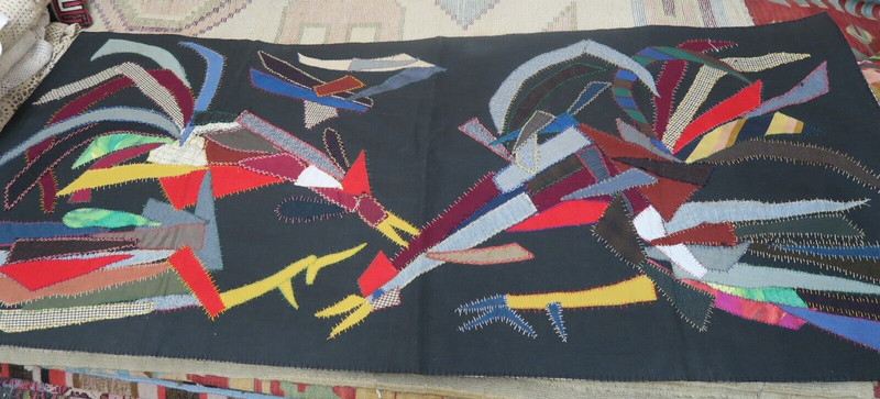 Vintage Folk Art Hand Embroidered Abstract BOHO Applique Tapestry 23″x52″