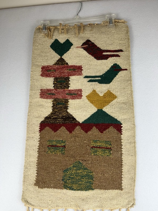 VTG Fiber Art Native Wall Hanging Rough Woven Jute 26" x 15" House & Birds gallery