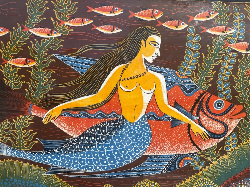 Mermaid With School Of Fish Ocean LARGE Framed Batik Folk Art Painting Vintage