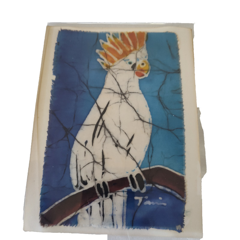 VTG Original Signed Brazil Batik Fabric Art White Cockatoo Parrot Tropical Bird
