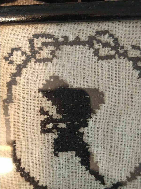 2 Early 1900 Crossstitch Of Top Hat Man And Woman, Note On Back, Antique gallery