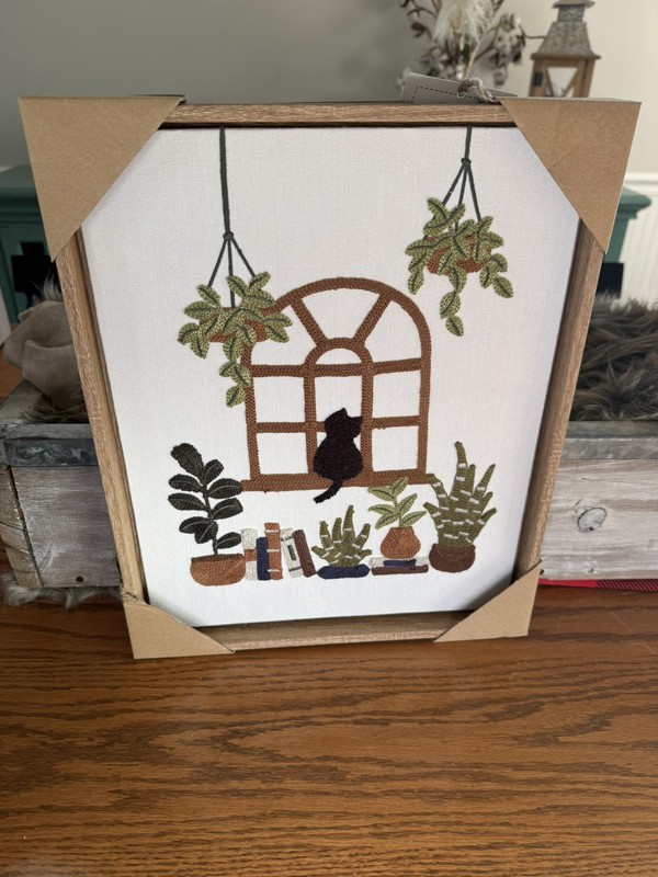 New BP Home Woven Embroidered Textile Wall Art Black Cat In The Window 12”x15”