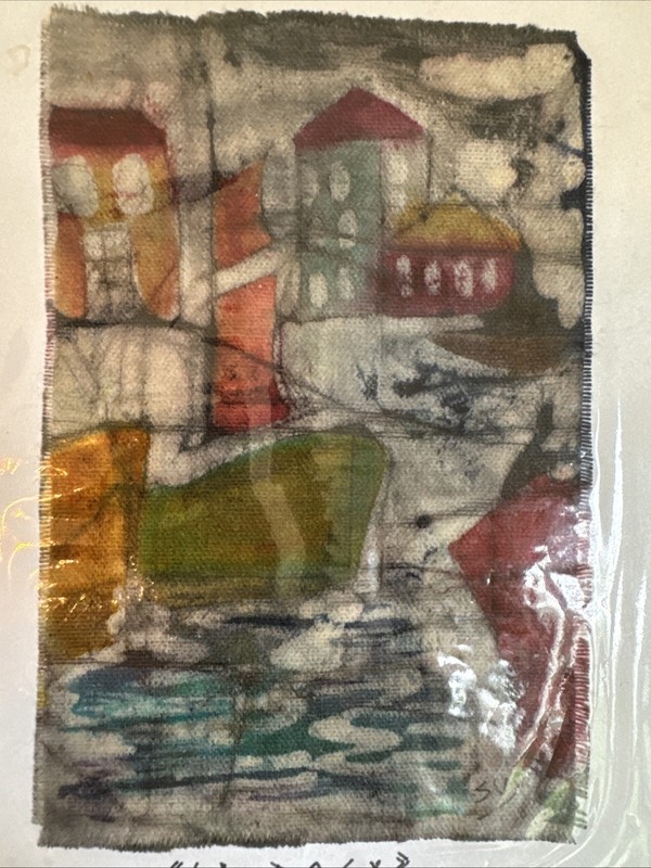 Miniature Batik Textile Art La Boca Buenos Aires Argentina Signed 4.75 x 3.25