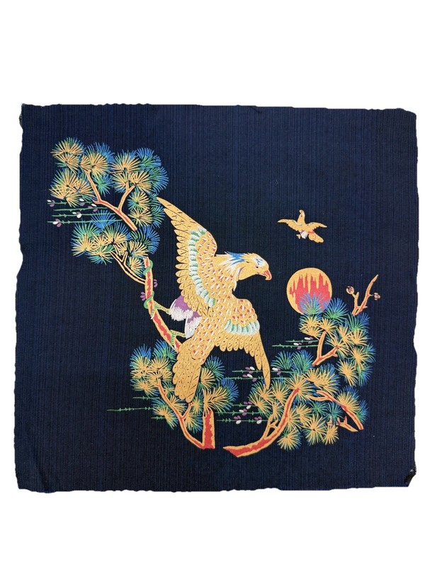 Vintage Art Silk eagle hawk pine tree branch Red Sun Painting screen-printed gallery
