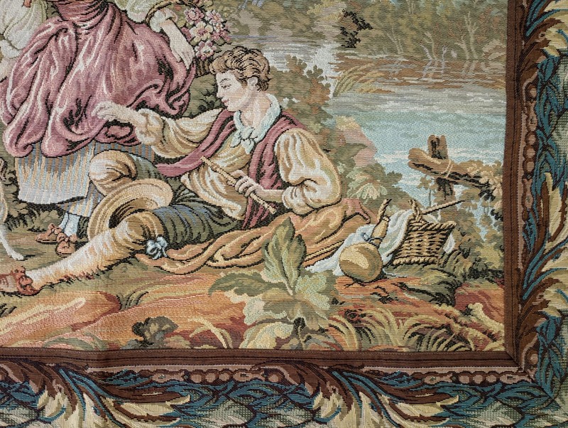 Italian Tapestry Romantic Wall Hanging Outdoor Scene Man Woman Cherub Dog Castle gallery