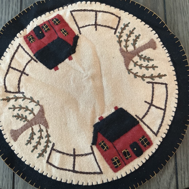 Felt Round Sewn Stitching Of Houses Fences Trees. Art Design Not Framed