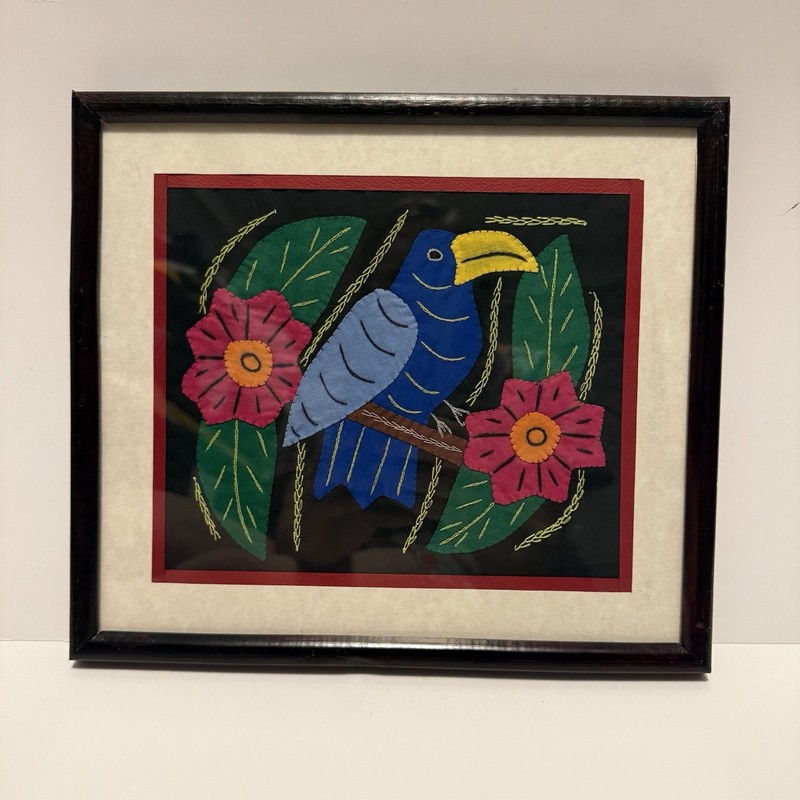 Blue Parrot Bird Flower Molita Framed Hand Stitched Art Decor Tropical