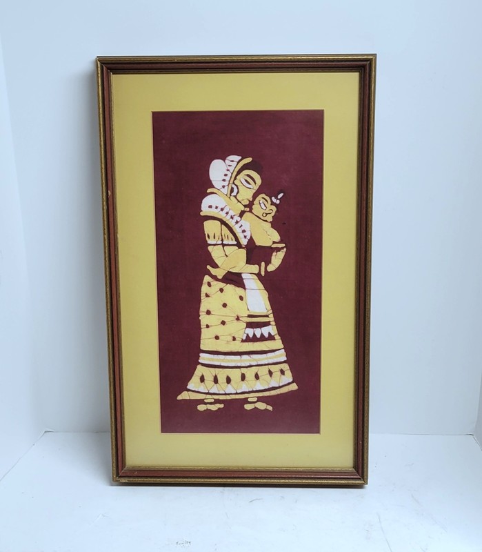 Vintage Batik Fabric Sri Lanka India Mid Century Mother And Child Painting 1960s