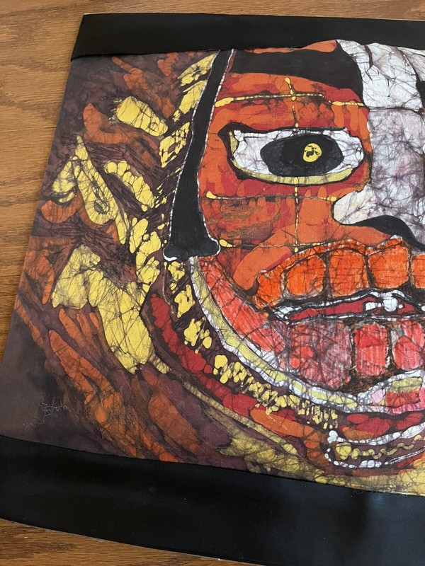 Vtg Bali Batik Dyed Fabric Art Tribal Face Matted Pictured ~20x16” Signed gallery