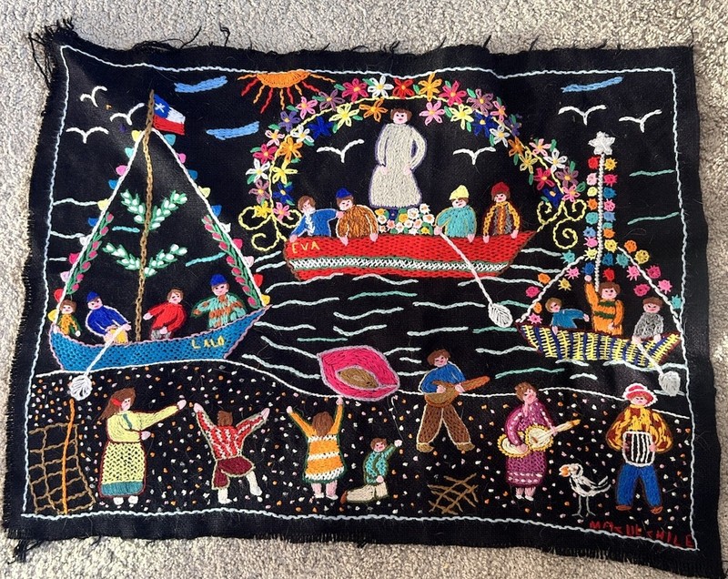 South America Folk Art Handmade 3D Sewn Textile Tapestry 25” X 18” Boats