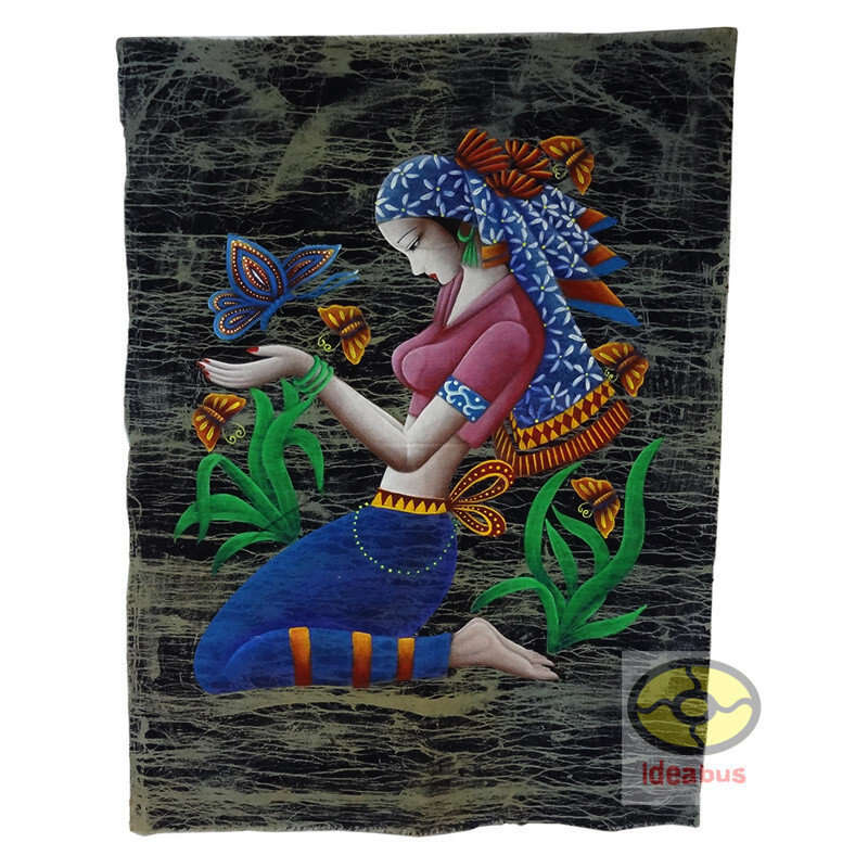 Art Home Wall Hanging Oil-painting style Batik Tapestry -Butterfly & Girl 44×33″
