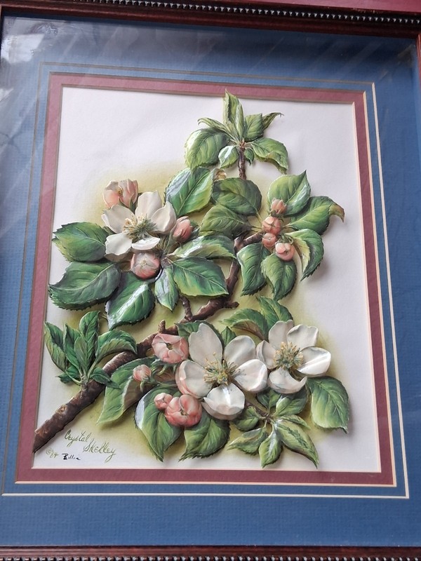 Vintage 3D Layered Paper Art Apple Blossoms Shadowbox Encased Origami Signed