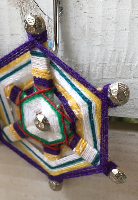 Vtg Boho Handcrafted Atomic Fiber Art 4" Wall Decor Woven Medallion Prpl Grn Ylw gallery