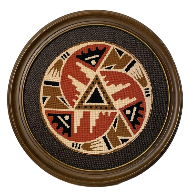 Southwest Native Earthtones Wool 21" Matted & Framed Needlepoint