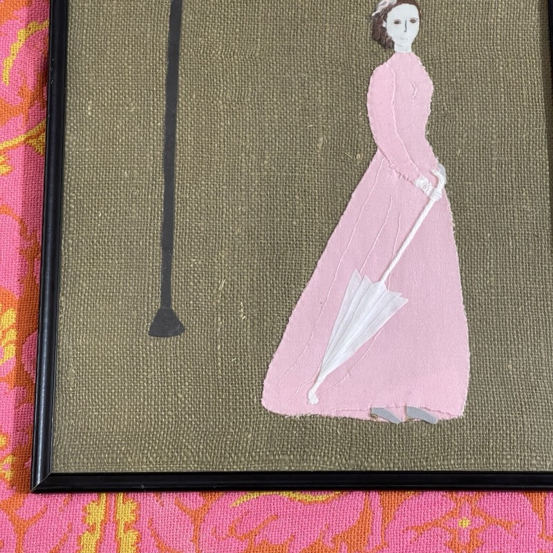 Vtg Mid Century Modern Outsider Art Fabric Street Scene Woman 1970 Kitsch 70s gallery