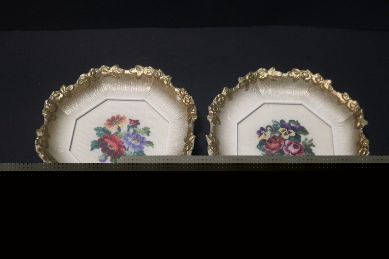 Pair of Beautiful Sitched Petit Point Floral Wall Art in Ornate Frame – 6 1/2″
