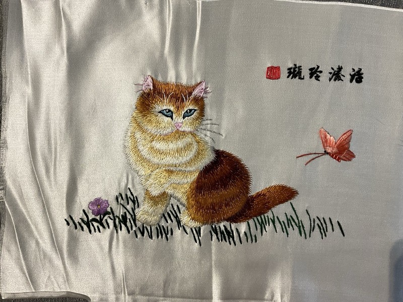 Satin floss on silk kitten and Butterfly hand embroidered piece