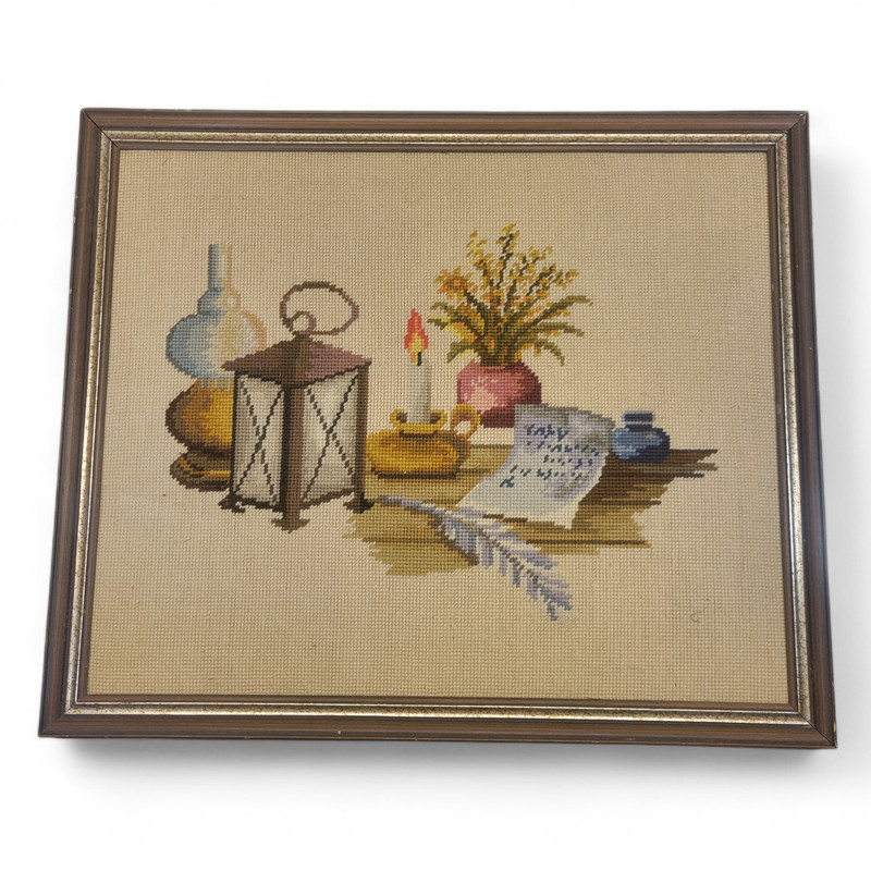 Rare Vintage Crewel Table Scape Art Handmade Embroidery Needlework Fine Detail