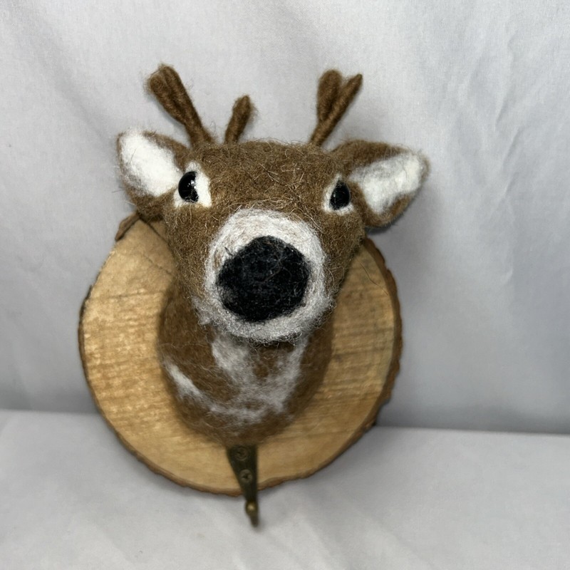 Needle Felted Deer Stag Bust Wood Mounted With Coat Hook Very Cute Kids Decor
