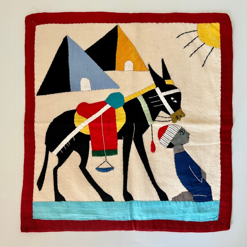 Vtg Khayamiya Egyptian Wall Hanging Hand Sewn Applique Textile Art Donkey Tents