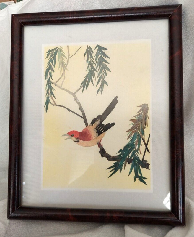Vintage Art Bird On Branch Wheat Stalk On Silk Hand Cut And Dyed Art 10” X 8”