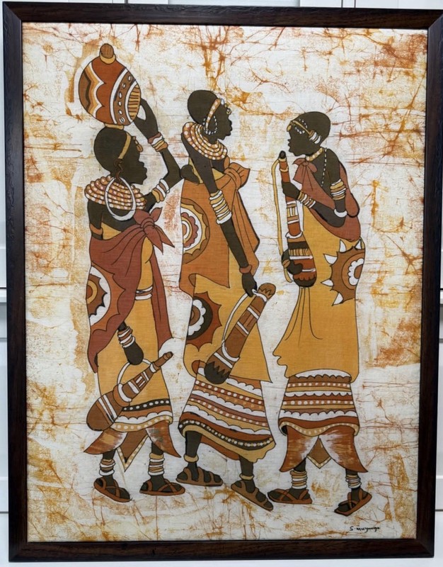 VTG African Batik Painting Signed Framed Figurative Textile Art MCM 32.5”x25.5”
