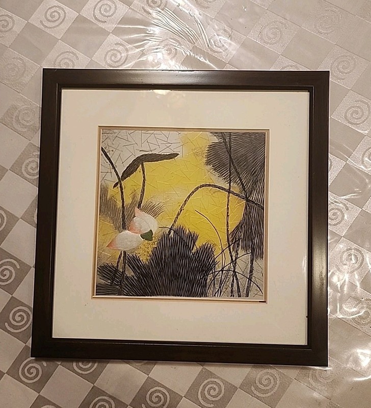 Vintage Handmade Silk Embroidory Art Matted Framed Landscape Painting