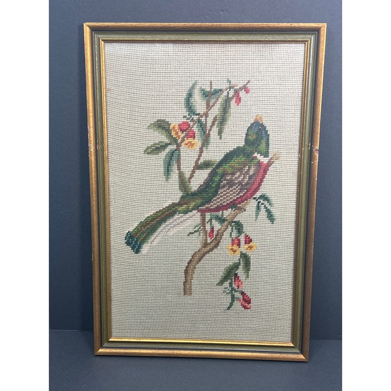 Vintage Needlepoint Mountain Trogon 13×19.5 Framed Embroidery Cottage Bird Lover
