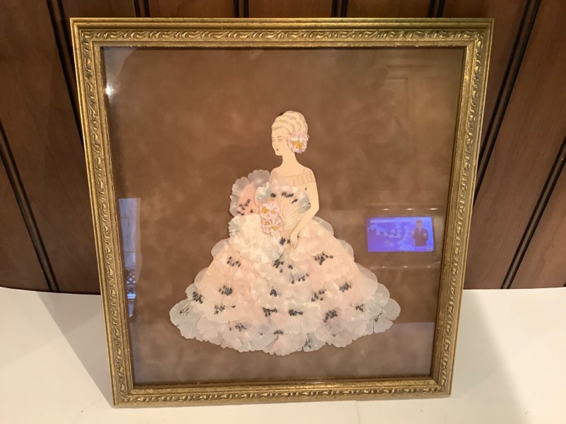 Antique/Vtg Framed Paper Doll Flower Seller Handmade Dressed w Lace And Ribbons