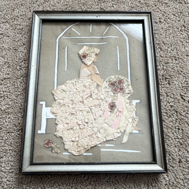 Framed Textile Art Collage Victorian Women Fashion Fabric Lace 10x8in