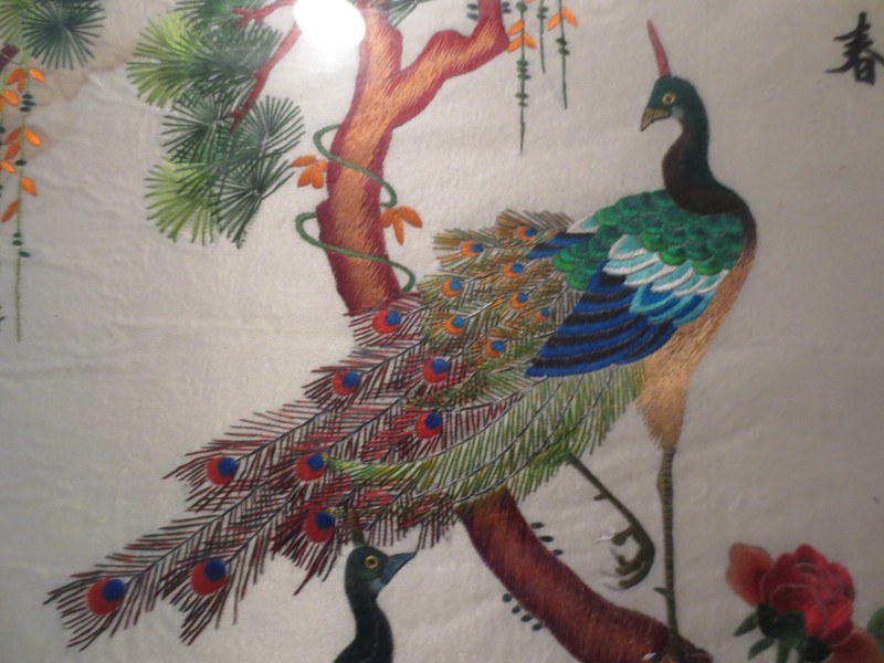 VINTAGE CHINESE PEACOCK & ROSES FRAMED SILK EMBROIDERY ON SILK gallery
