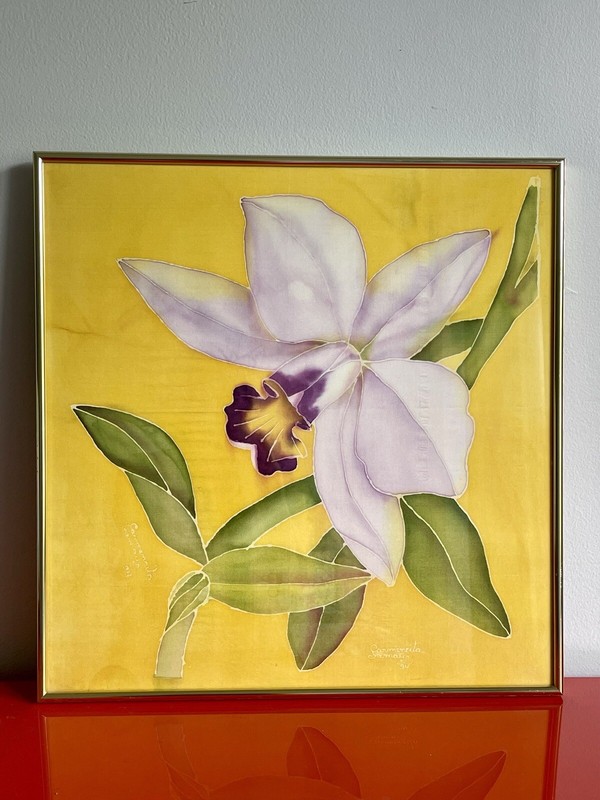Painted Silk Batik Tropical Orchid Flower Framed Art Signed & Dated 1994 19” Sq
